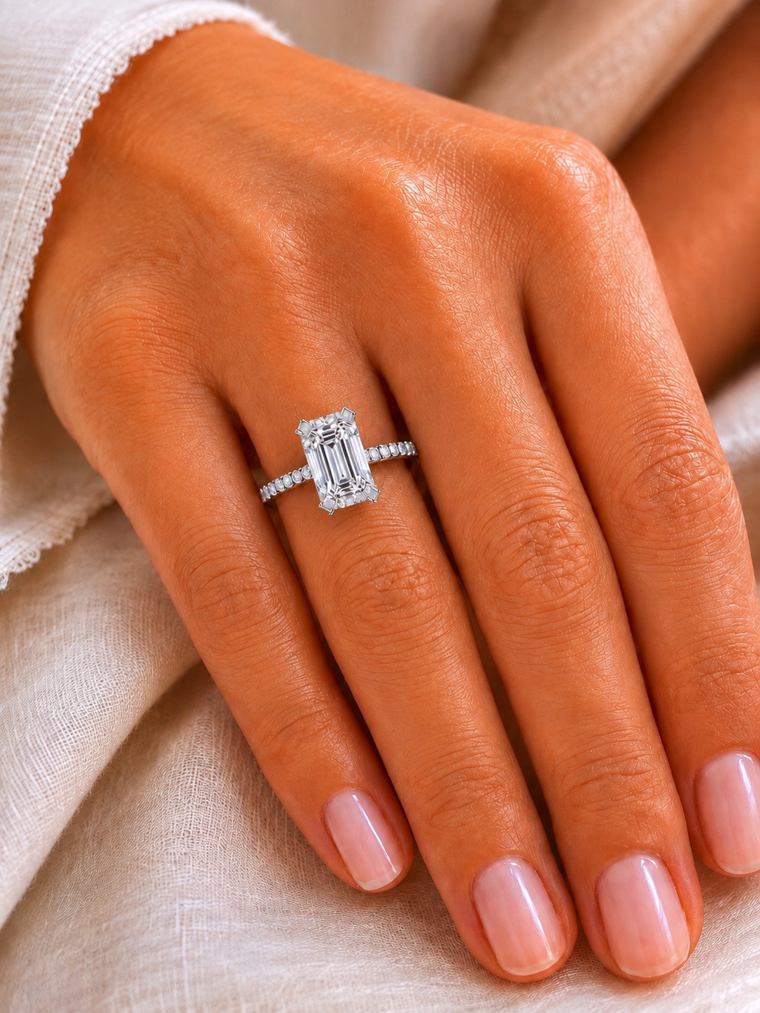 NEW: 3.76 ctw Hiddden Halo Emerald Cut diamond ring 14K